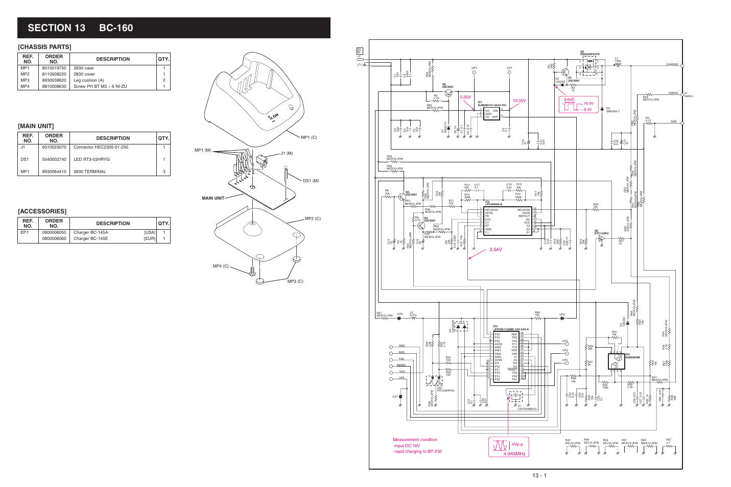 Bc-160, Accessories, Chassis parts | Main unit, 945mhz, Order no. ref. no. description qty | Icom IC-F3061S User Manual | Page 70 / 72