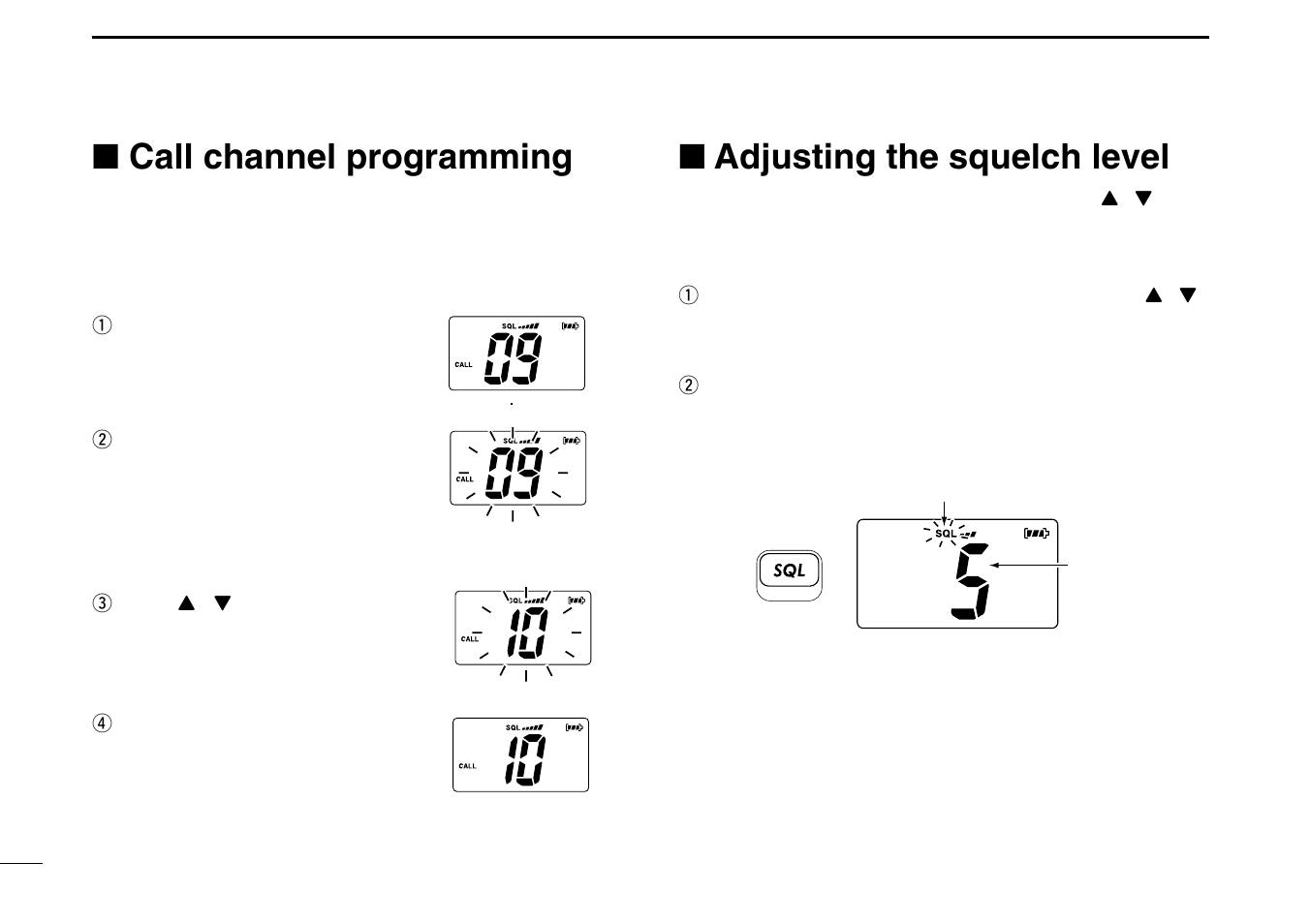 Call channel programming, Adjusting the squelch level | Icom IGM1600 User Manual | Page 14 / 32