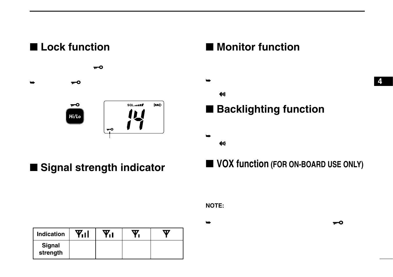 Lock function, Signal strength indicator, Monitor function | Backlighting function, Vox function, For on-board use only) | Icom IGM1600 User Manual | Page 15 / 32