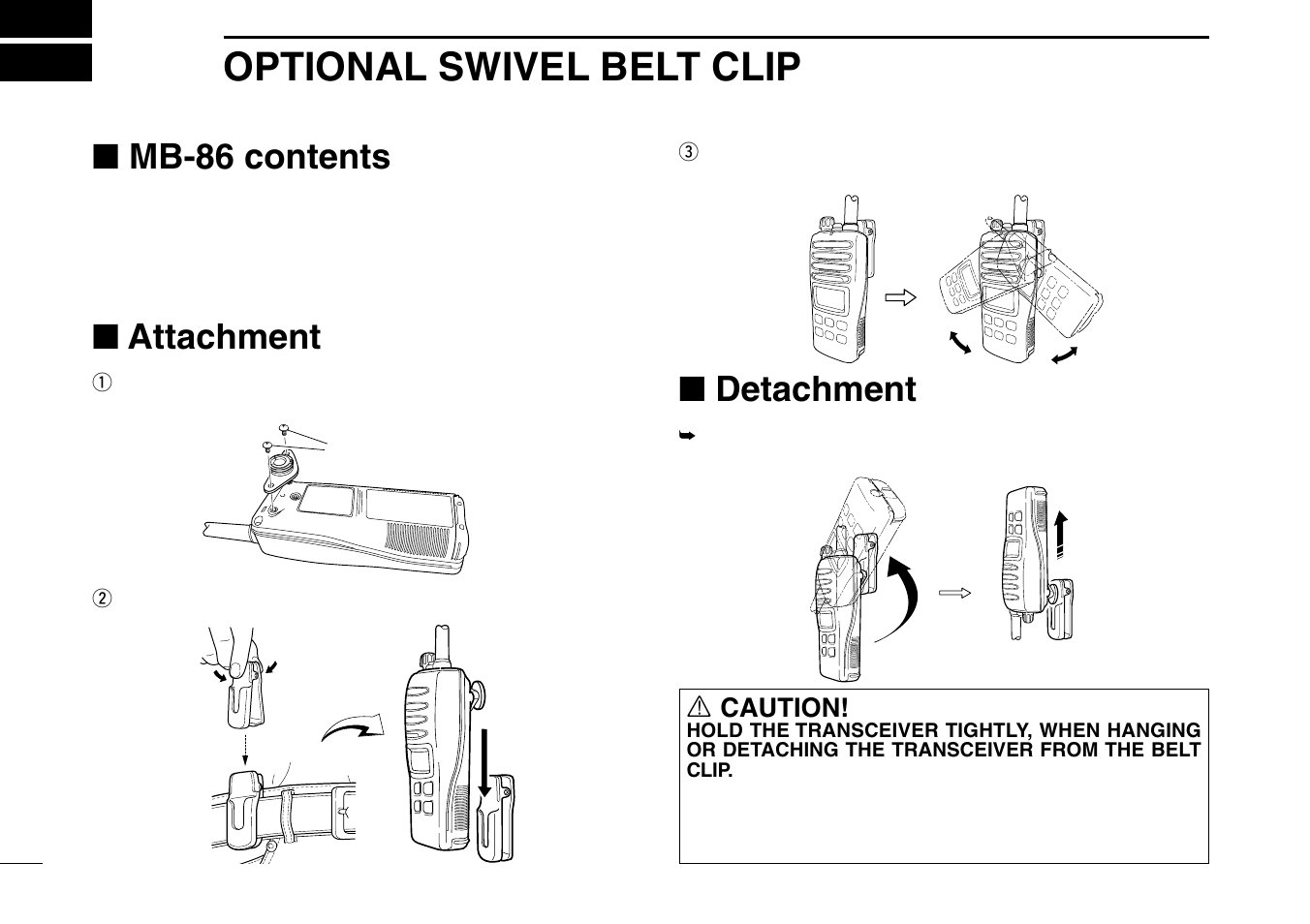 Optional swivel belt clip, Mb-86 contents, Attachment | Detachment | Icom IGM1600 User Manual | Page 26 / 32
