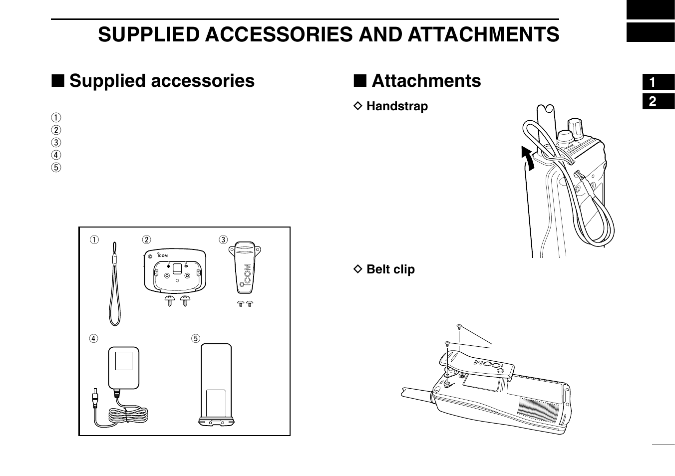 Supplied accessories and attachments, Supplied accessories, Attachments | Icom IGM1600 User Manual | Page 7 / 32