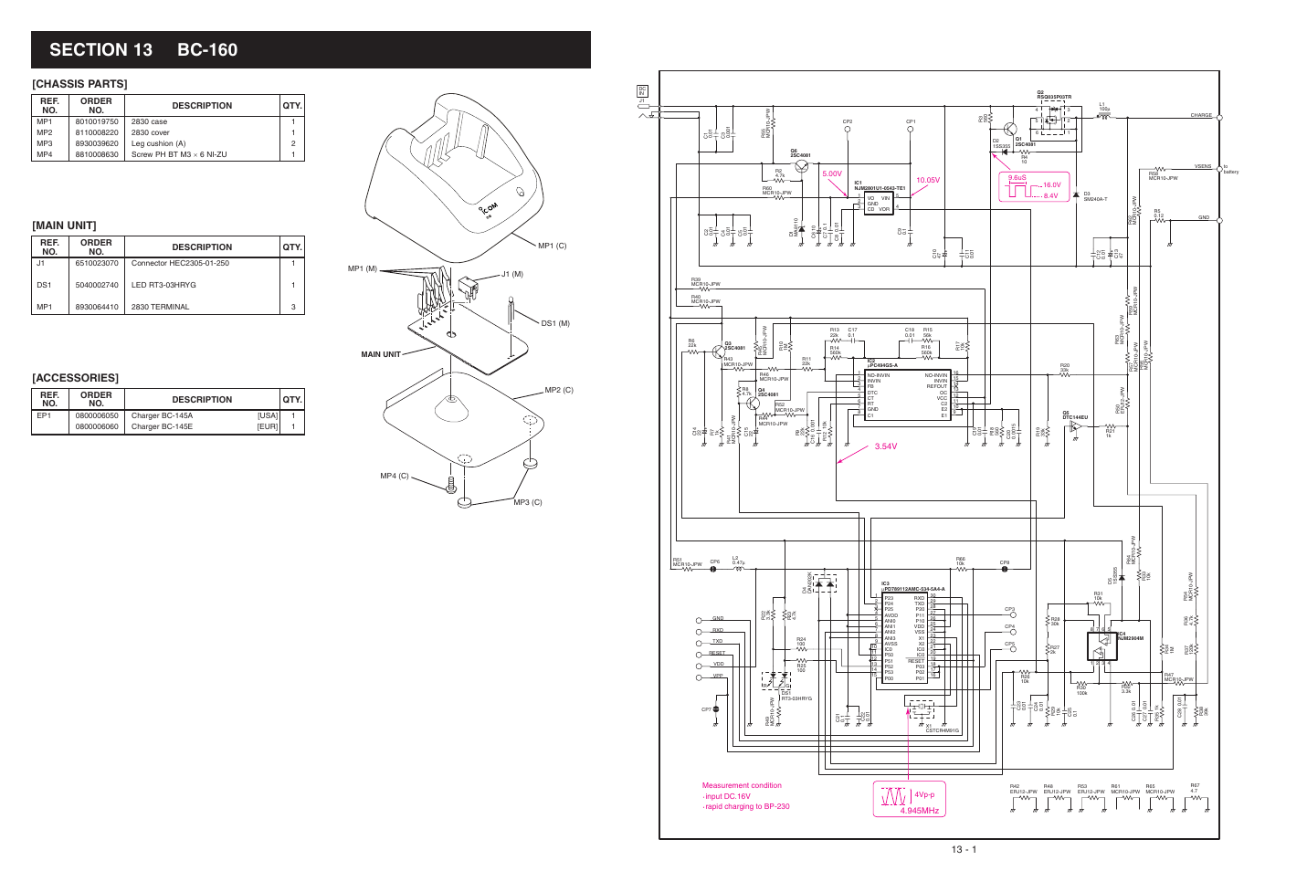 Bc-160, Accessories, Chassis parts | Main unit, 945mhz, Order no. ref. no. description qty | Icom IC-F3063T User Manual | Page 34 / 36