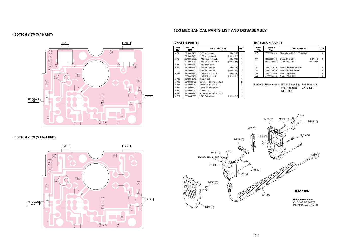 3 mechanical parts list and dissasembly, Hm-118/n, Chassis parts | Main/main-a unit | Icom IC-2200H User Manual | Page 48 / 54