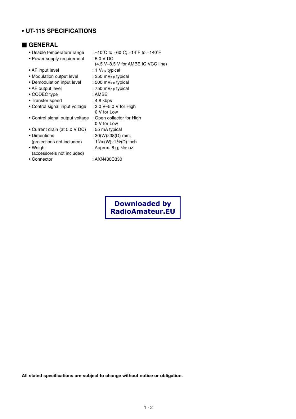 Ut-115 specifications, Downloaded by radioamateur.eu, General | Icom IC-2200H User Manual | Page 5 / 54