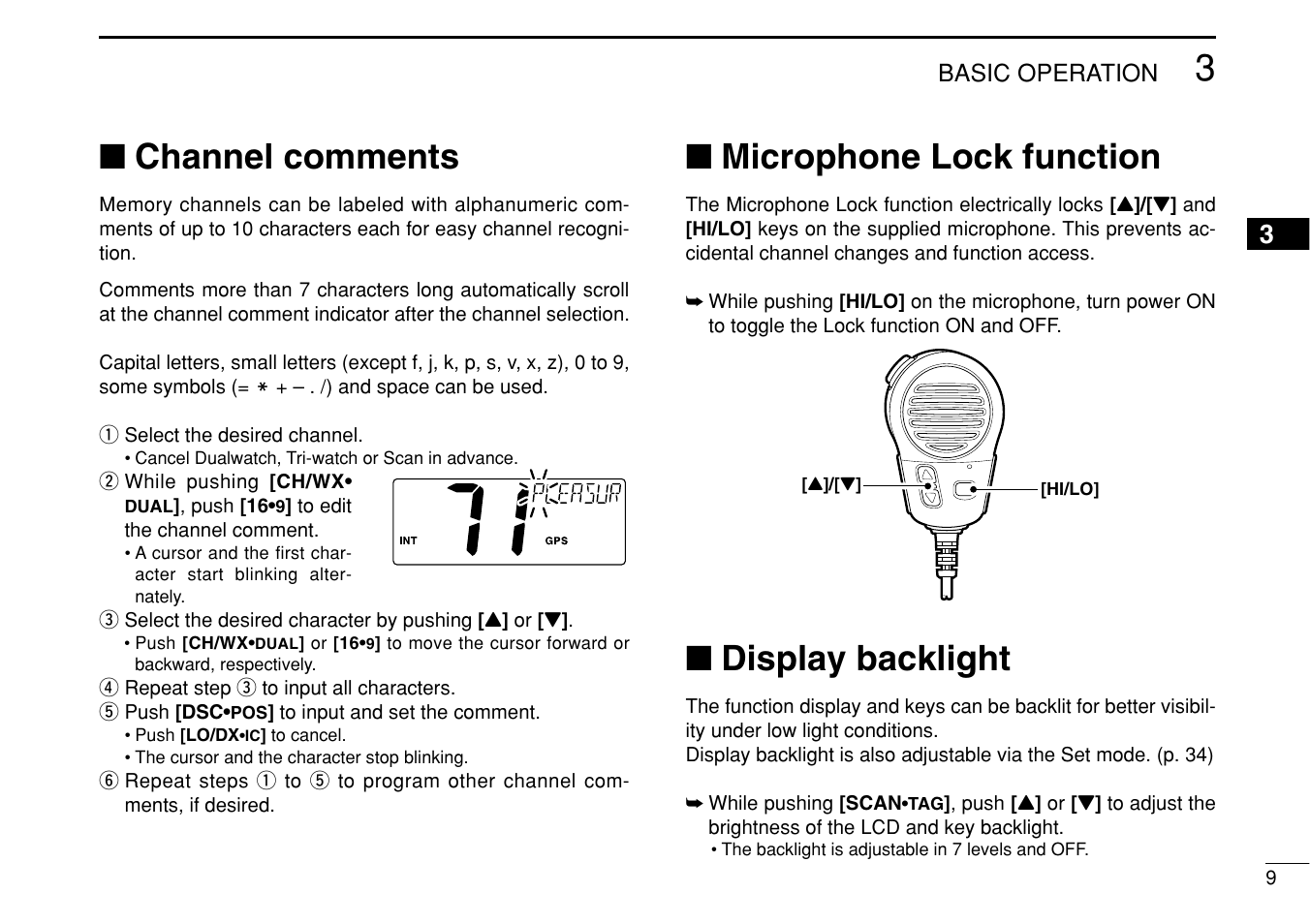 Channel comments, Microphone lock function, Display backlight | Icom IM422 User Manual | Page 15 / 64