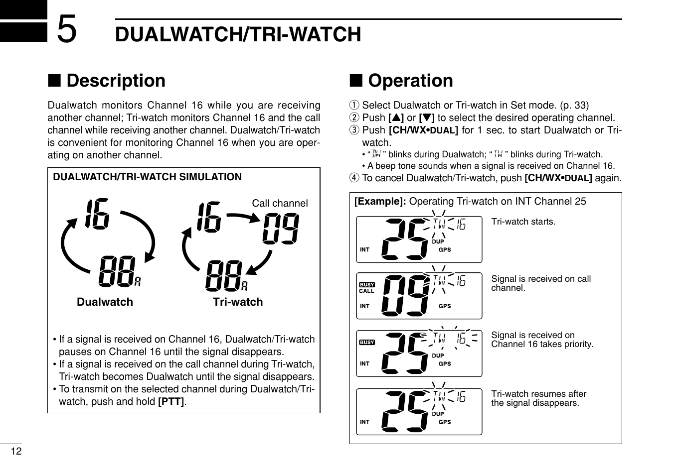 Dualwatch/tri-watch, Description, Operation | Icom IM422 User Manual | Page 18 / 64