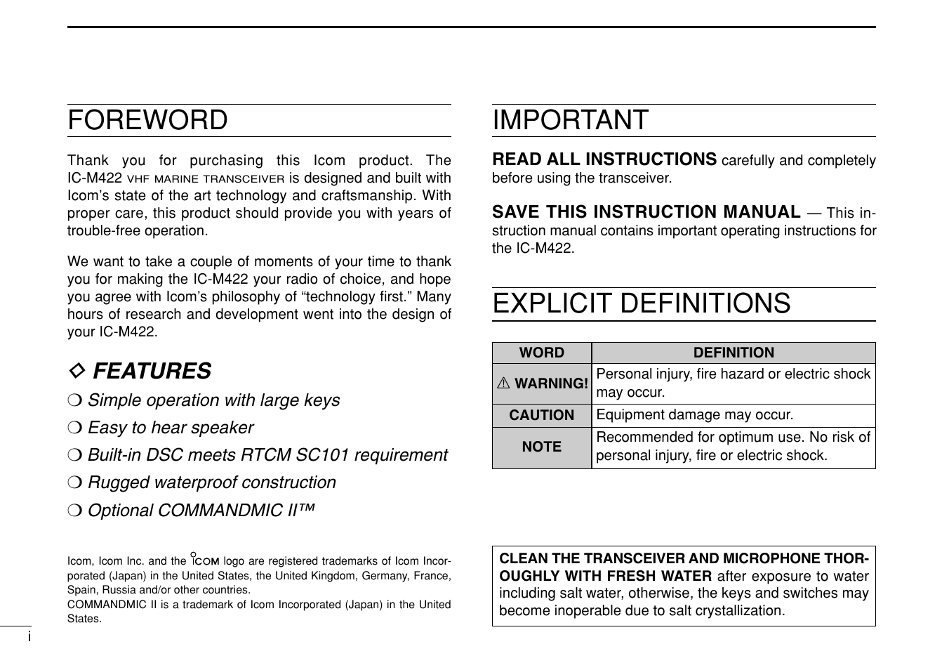 Foreword, Important, Explicit definitions | D features | Icom IM422 User Manual | Page 2 / 64