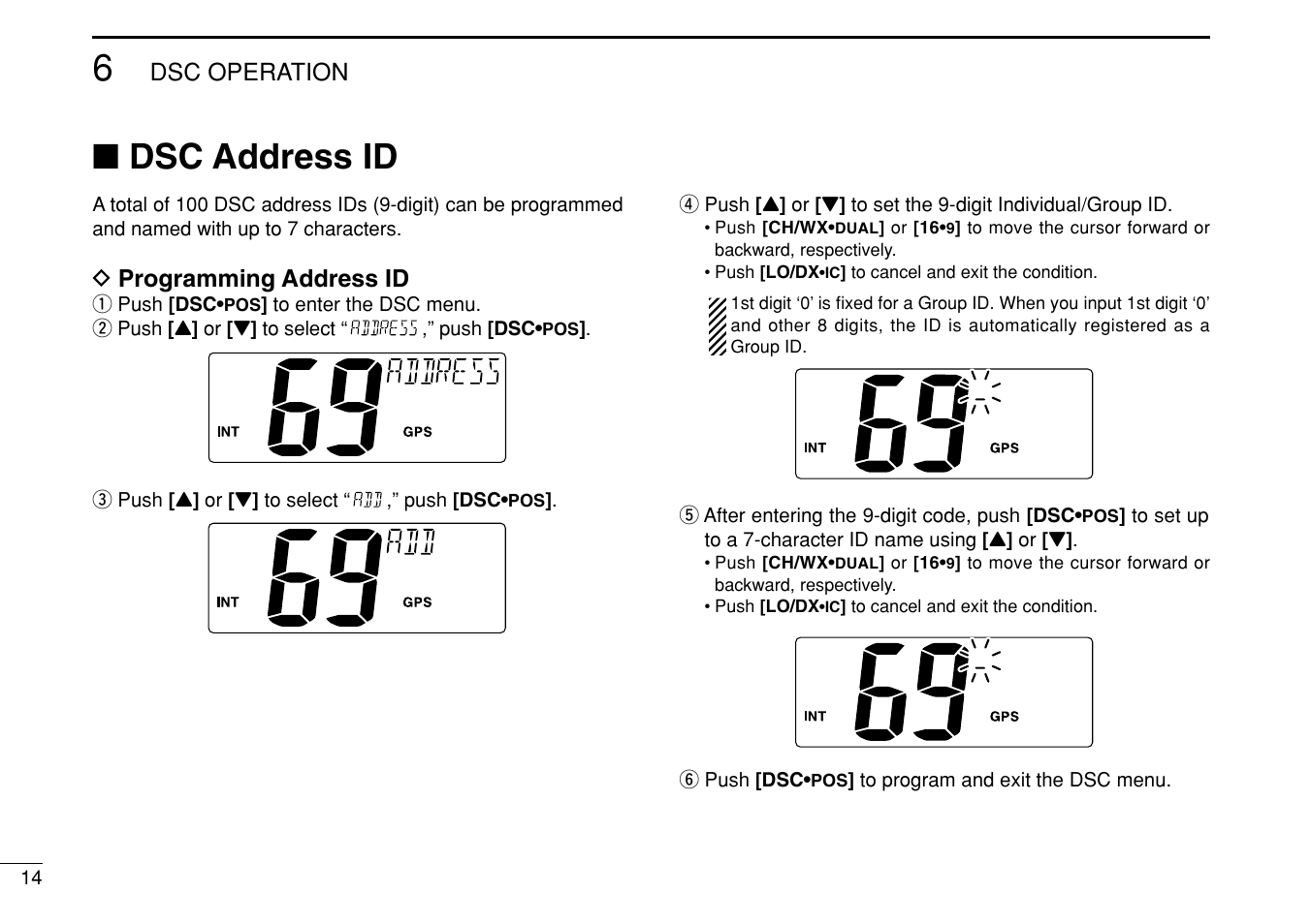 Dsc address id, Dsc operation, D programming address id | Icom IM422 User Manual | Page 20 / 64