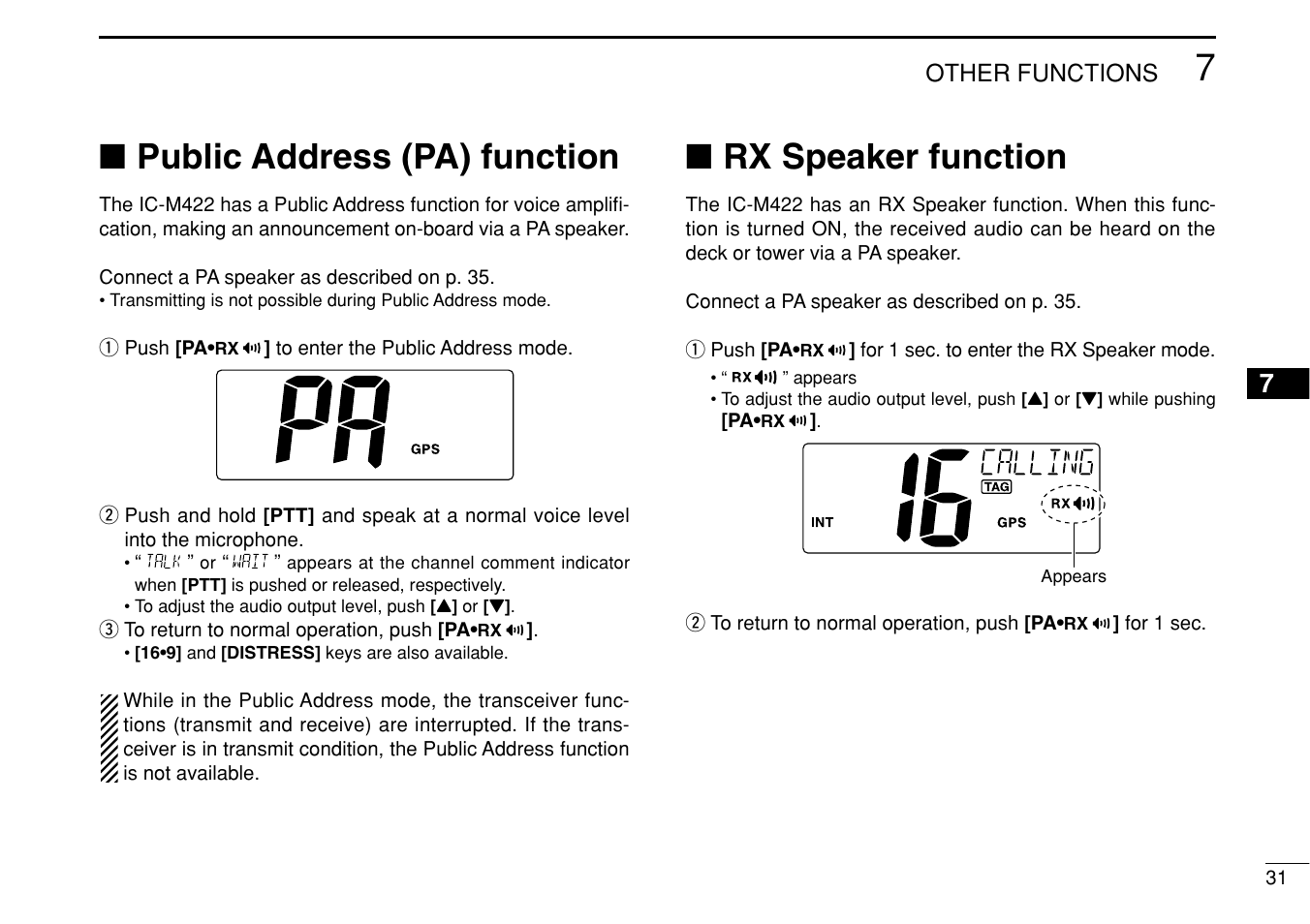 Public address (pa) function, Rx speaker function | Icom IM422 User Manual | Page 37 / 64