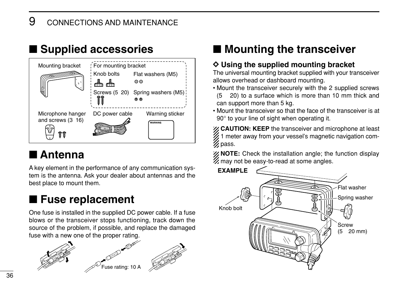 Supplied accessories ■ antenna, Fuse replacement, Mounting the transceiver | Icom IM422 User Manual | Page 42 / 64