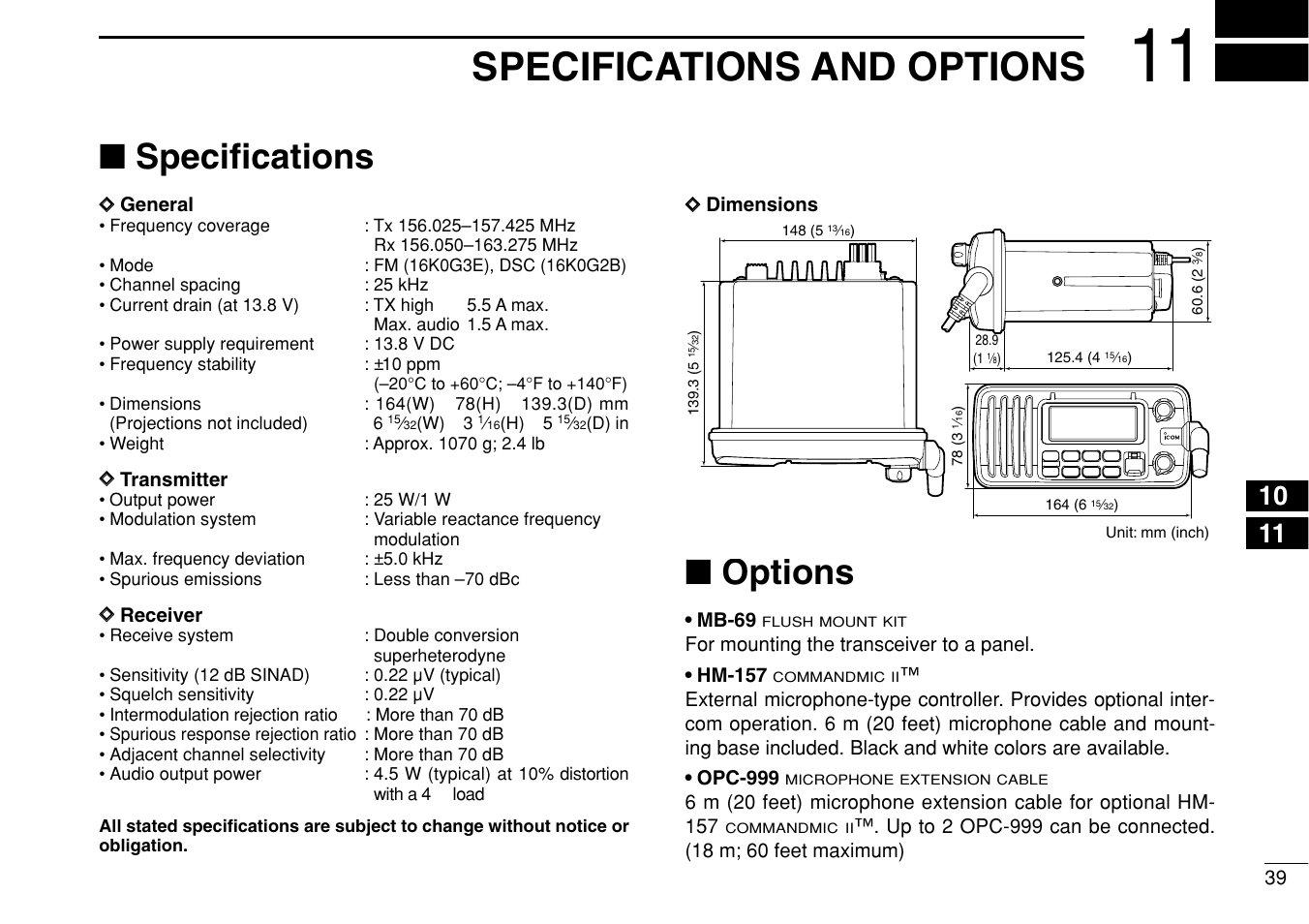 Specifications and options, Specifications, Options | Icom IM422 User Manual | Page 45 / 64