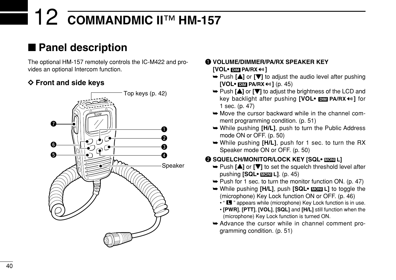 Commandmic ii ™ hm-157, Panel description | Icom IM422 User Manual | Page 46 / 64