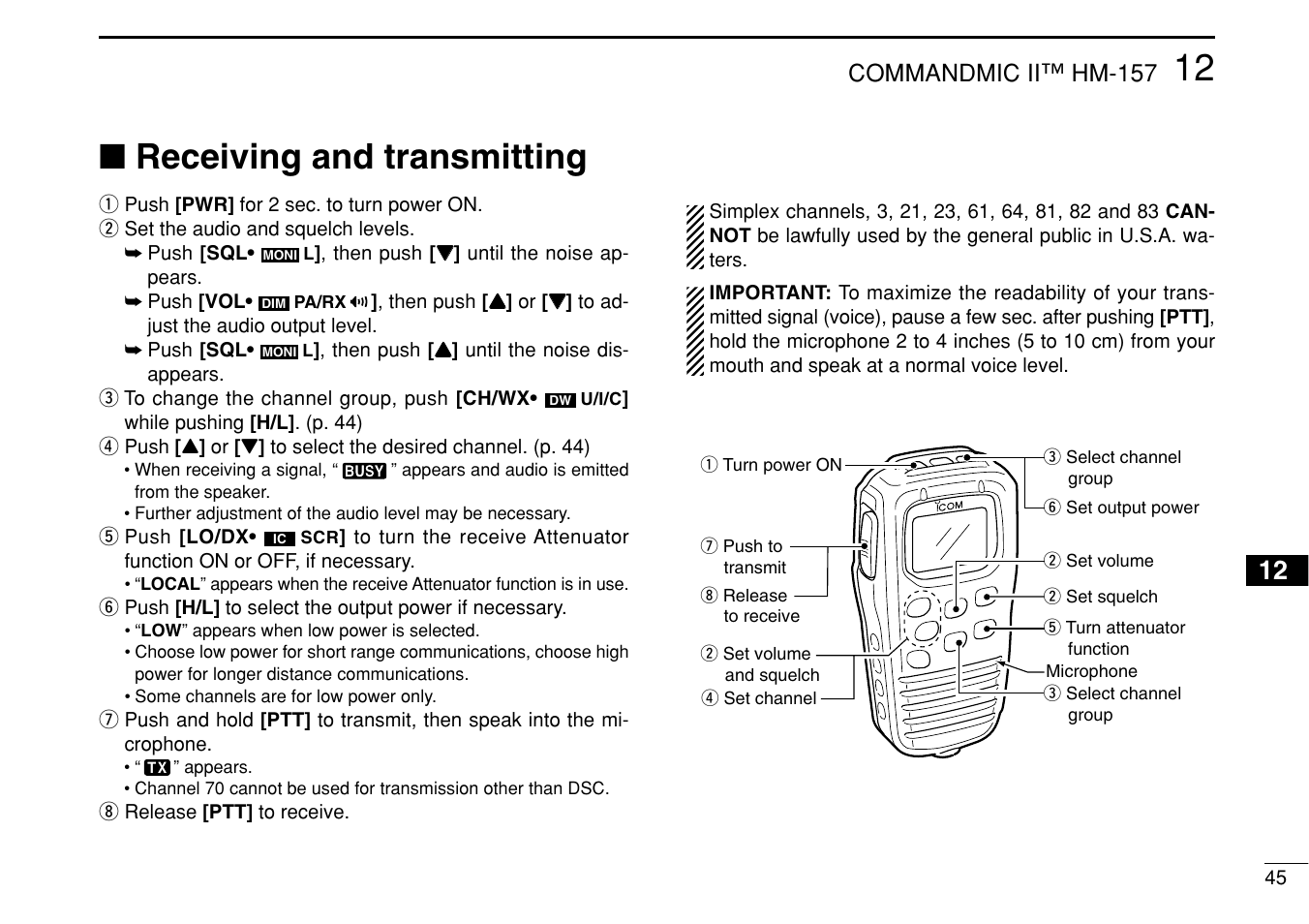 Receiving and transmitting, Commandmic ii™ hm-157 | Icom IM422 User Manual | Page 51 / 64