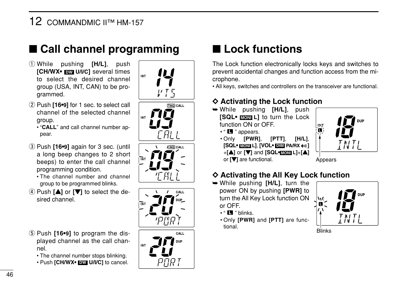 Call channel programming, Lock functions, Commandmic ii™ hm-157 | Dd activating the lock function, Dd activating the all key lock function | Icom IM422 User Manual | Page 52 / 64
