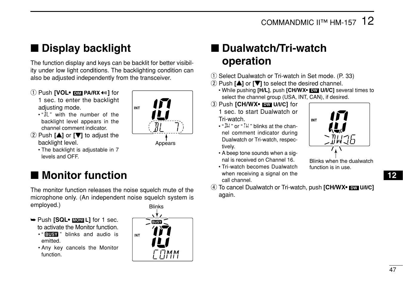 Display backlight, Monitor function, Dualwatch/tri-watch operation | Icom IM422 User Manual | Page 53 / 64