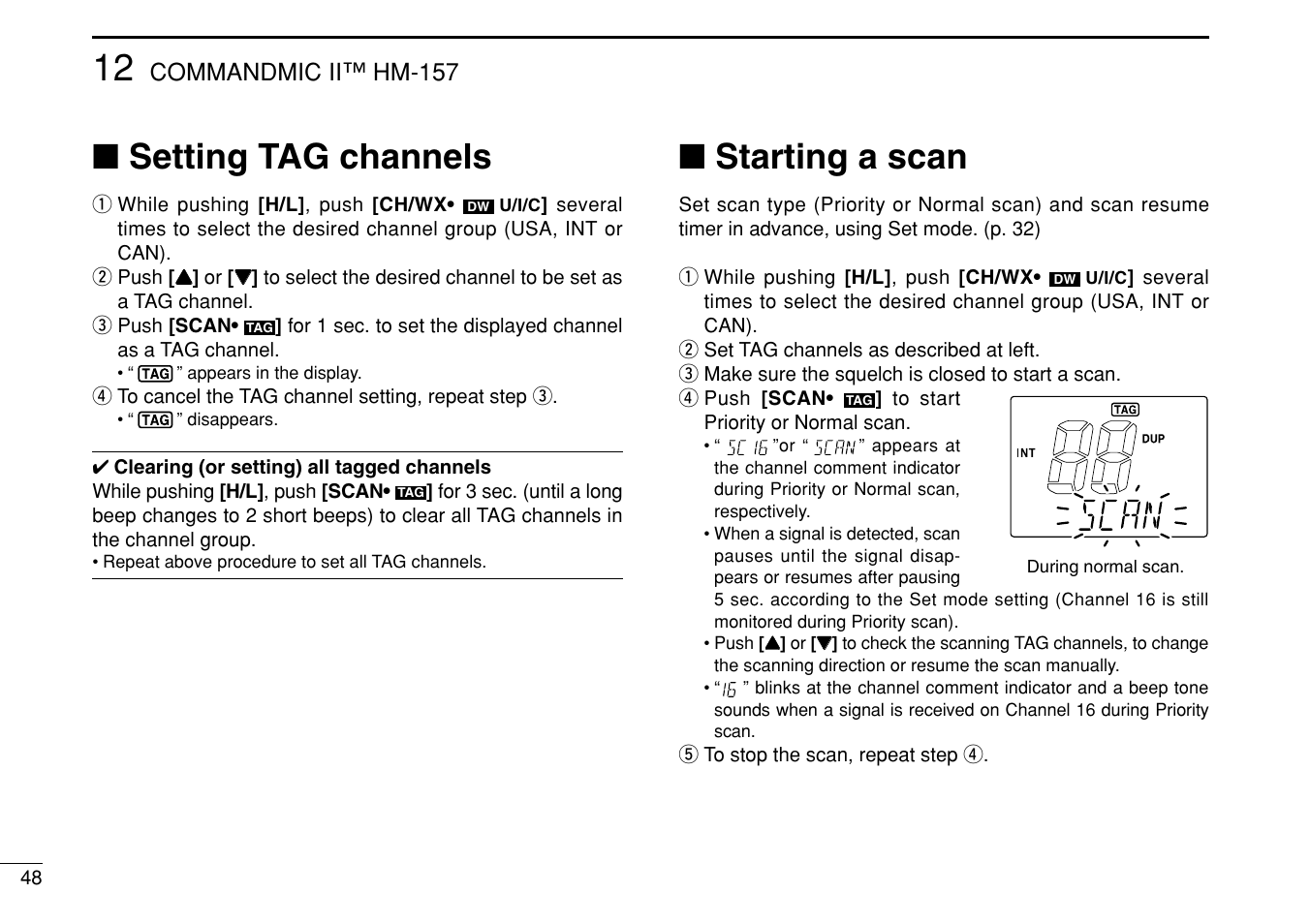 Setting tag channels, Starting a scan, Commandmic ii™ hm-157 | Icom IM422 User Manual | Page 54 / 64