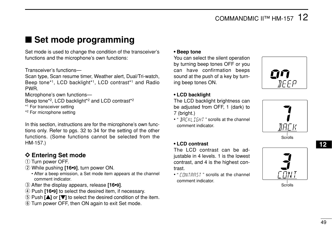 Set mode programming, Commandmic ii™ hm-157, Dd entering set mode | Icom IM422 User Manual | Page 55 / 64