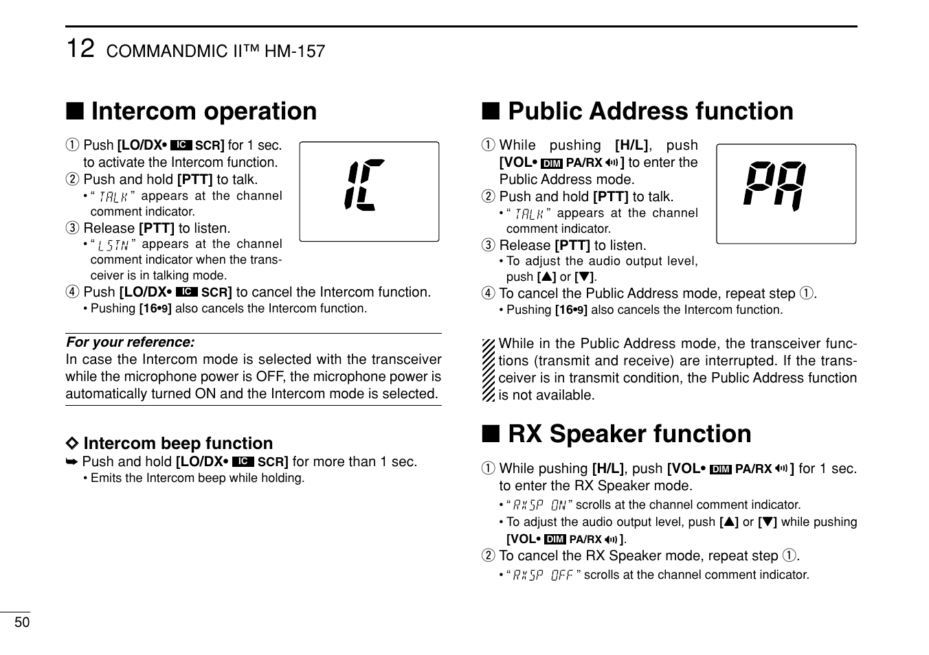 Intercom operation, Public address function, Rx speaker function | Commandmic ii™ hm-157, Dd intercom beep function | Icom IM422 User Manual | Page 56 / 64