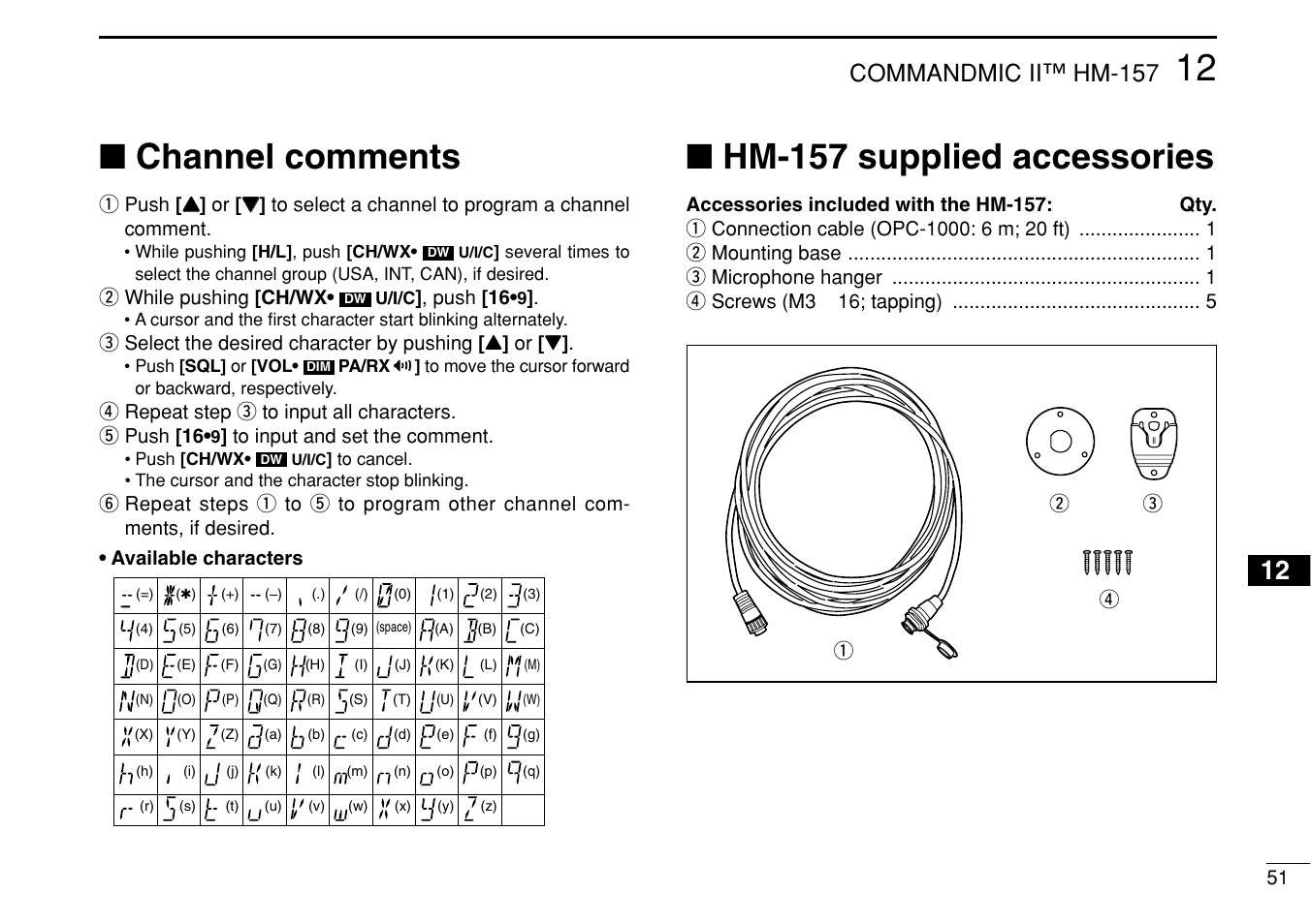 Channel comments, Hm-157 supplied accessories, Commandmic ii™ hm-157 | Icom IM422 User Manual | Page 57 / 64