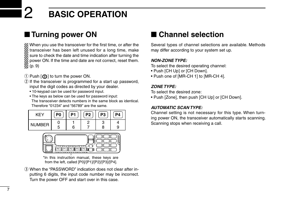 Basic operation −13, Turning power on, Channel selection | Basic operation, Nturning power on, Nchannel selection | Icom IC-F9511HT User Manual | Page 12 / 32