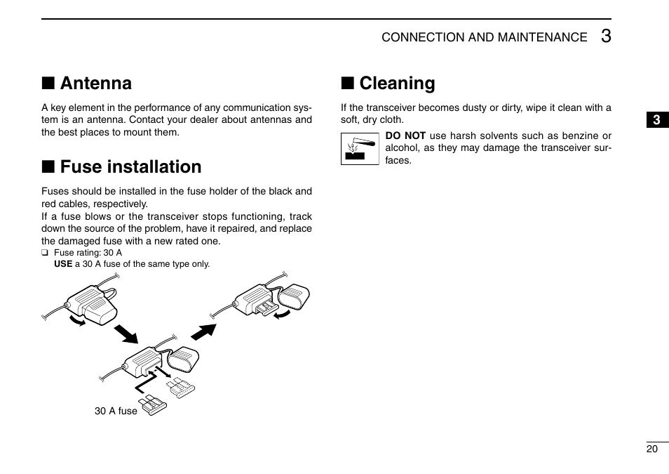 Antenna, Fuse installation, Cleaning | Nantenna, Nfuse installation, Ncleaning | Icom IC-F9511HT User Manual | Page 25 / 32