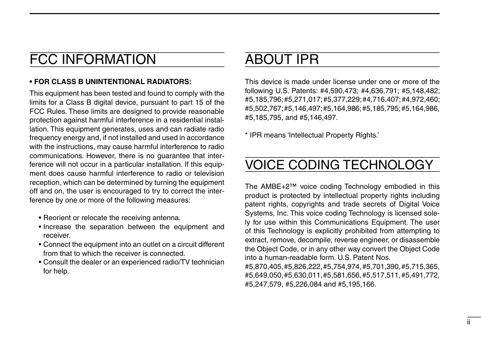 Fcc information, About ipr, Voice coding technology | Icom IC-F9511HT User Manual | Page 3 / 32