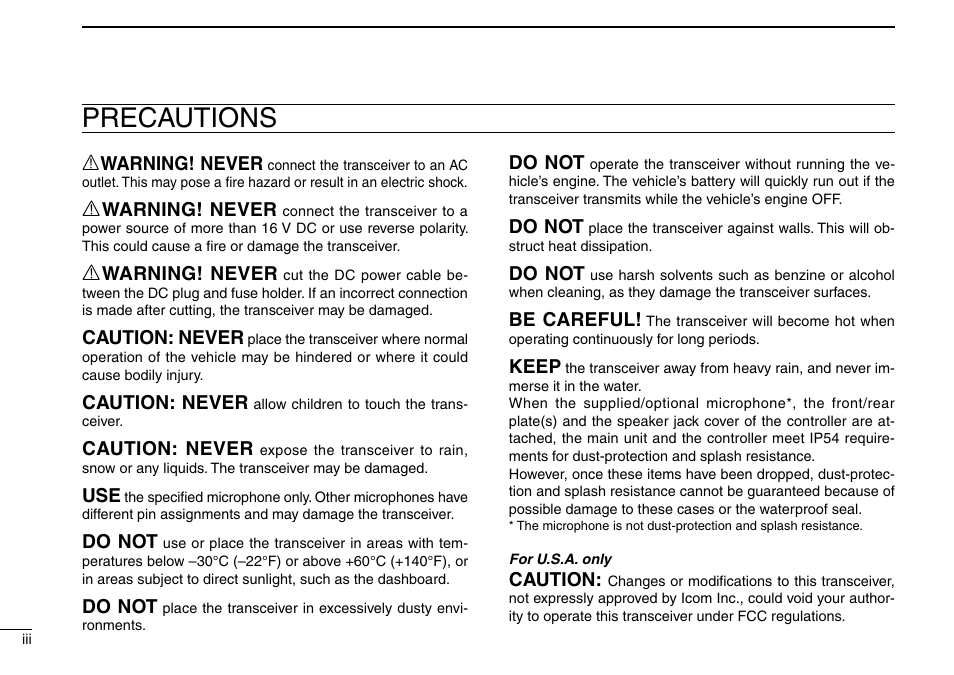 Precautions | Icom IC-F9511HT User Manual | Page 4 / 32