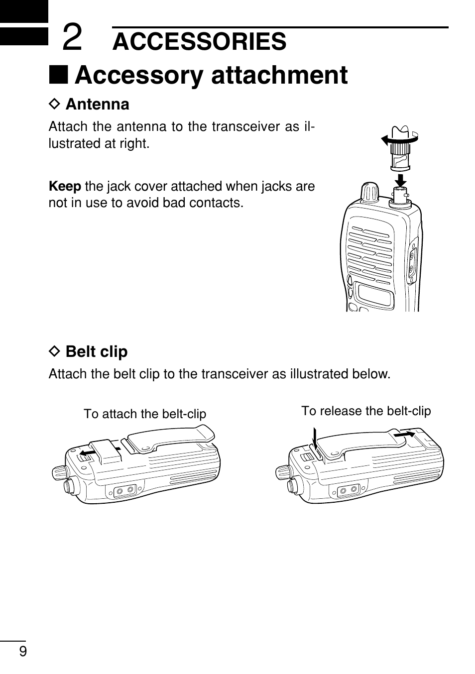 Accessory attachment, Accessories | Icom IC-V8 User Manual | Page 18 / 68