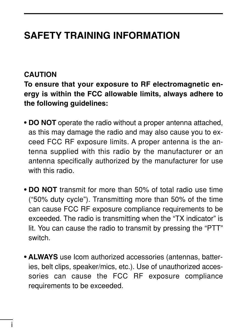 Safety training information | Icom IC-V8 User Manual | Page 2 / 68