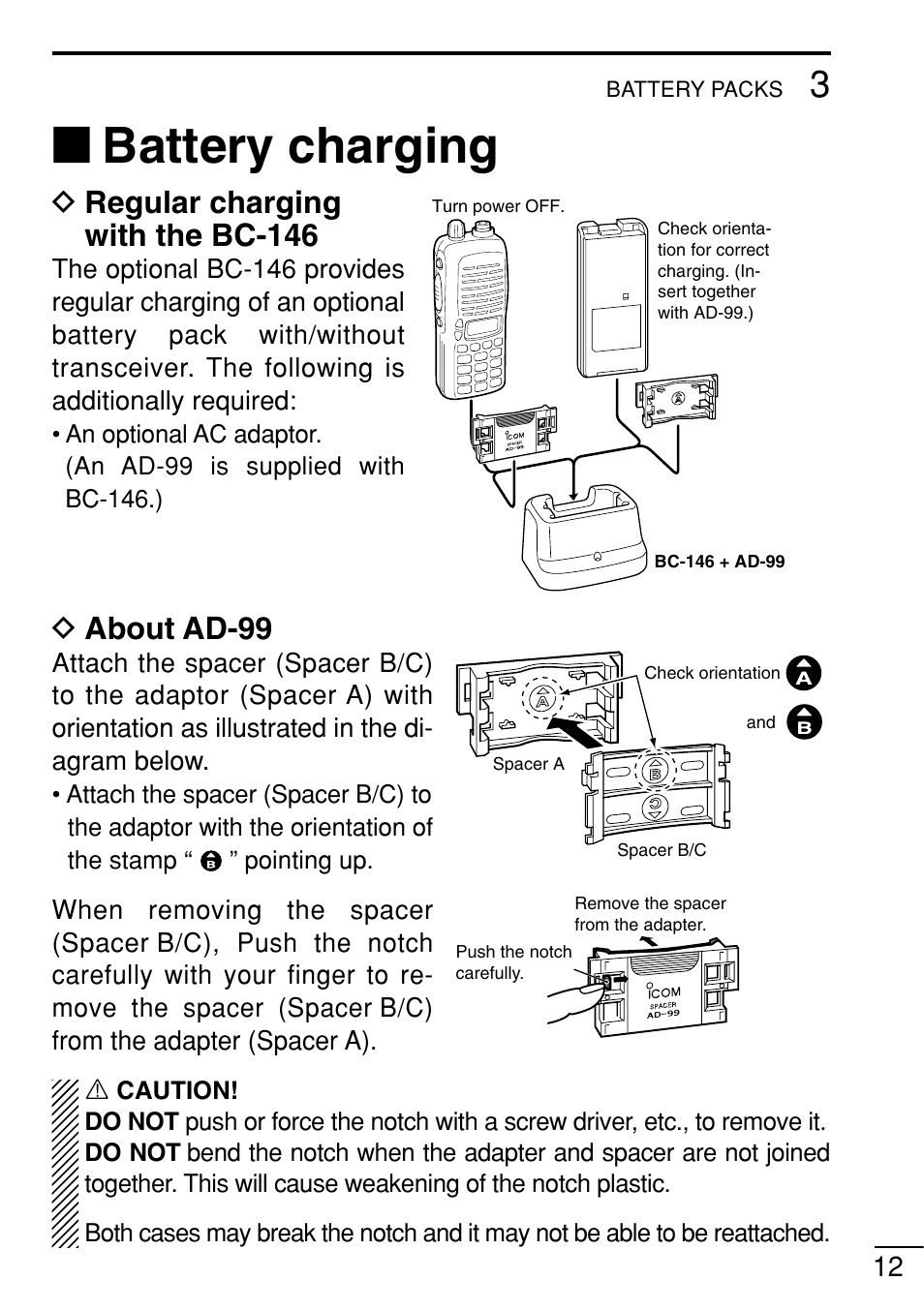 Battery charging, Dregular charging with the bc-146, Dabout ad-99 | Icom IC-V8 User Manual | Page 21 / 68