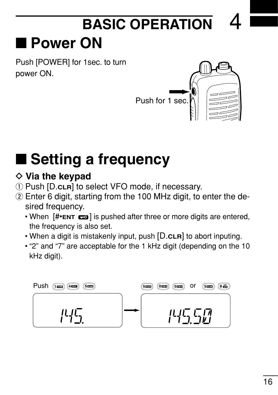 Power on, Setting a frequency, Basic operation | Icom IC-V8 User Manual | Page 25 / 68