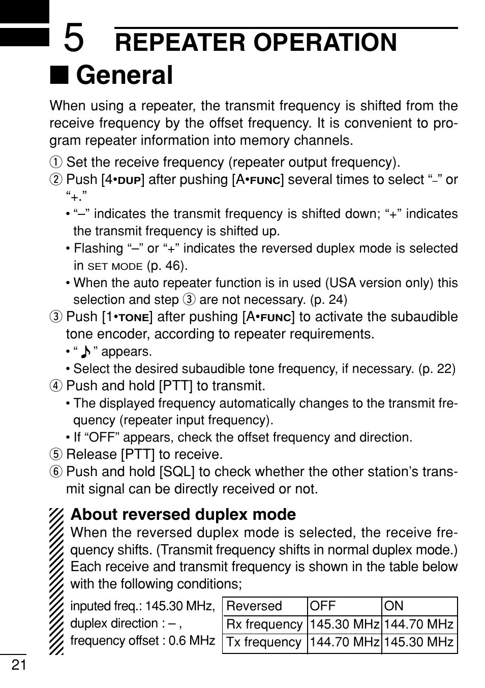 General, Repeater operation, About reversed duplex mode | Icom IC-V8 User Manual | Page 30 / 68
