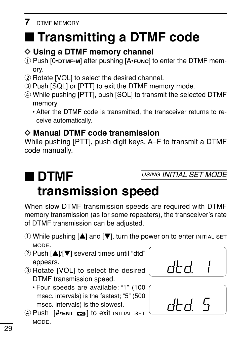 Transmitting a dtmf code, Dtmf transmission speed, Dmanual dtmf code transmission | Icom IC-V8 User Manual | Page 38 / 68