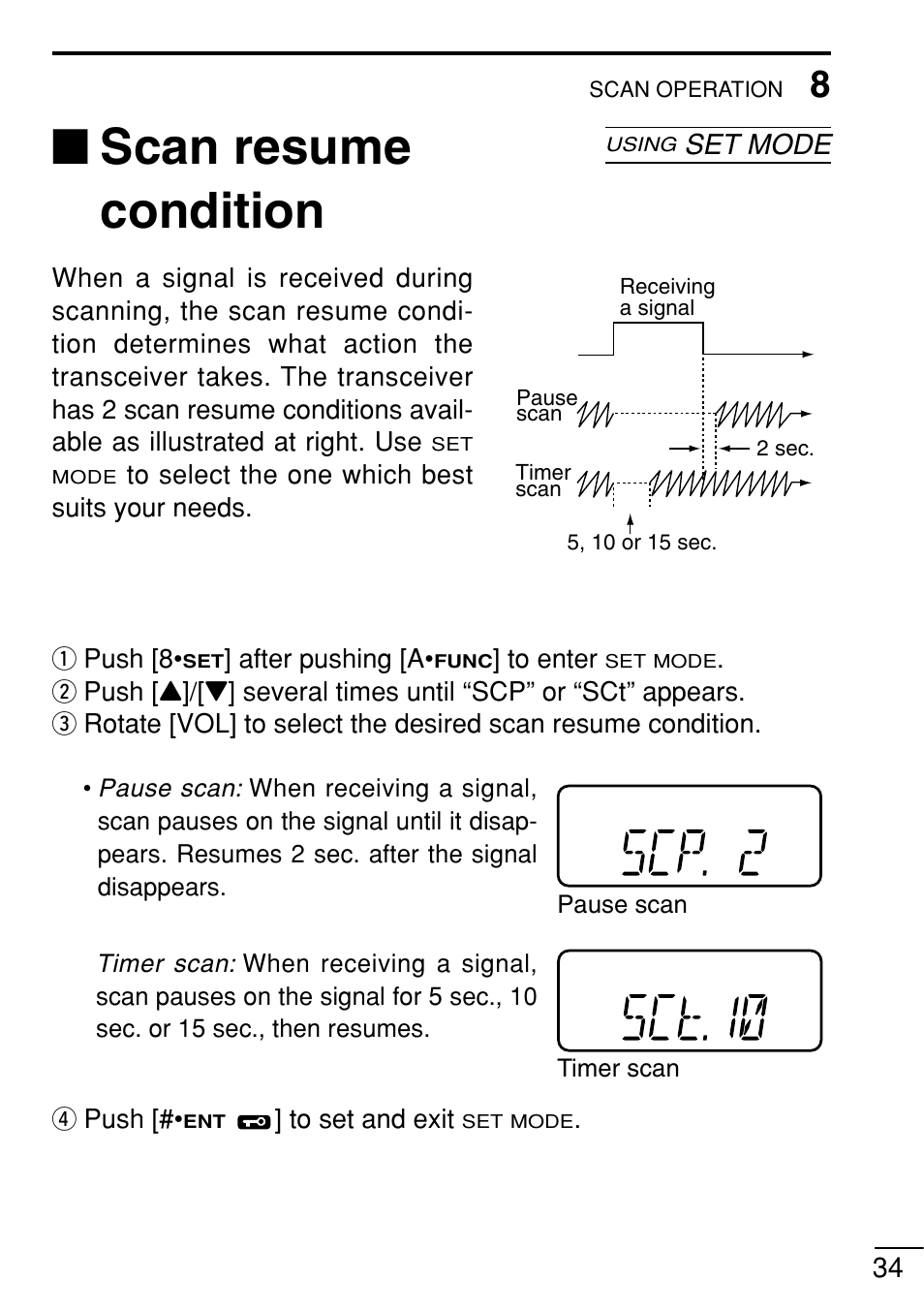 Scan resume condition, Set mode, Push [8 | After pushing [a, Push | Icom IC-V8 User Manual | Page 43 / 68