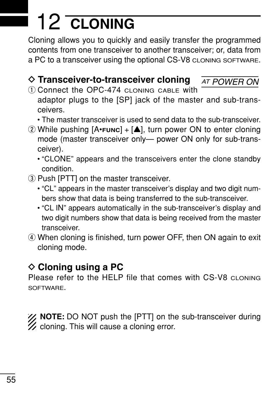 Cloning, Dtransceiver-to-transceiver cloning, Dcloning using a pc | Icom IC-V8 User Manual | Page 64 / 68