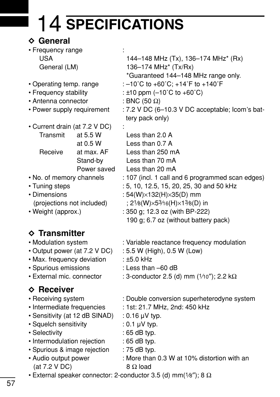 Specifications, General, Transmitter | Receiver | Icom IC-V8 User Manual | Page 66 / 68