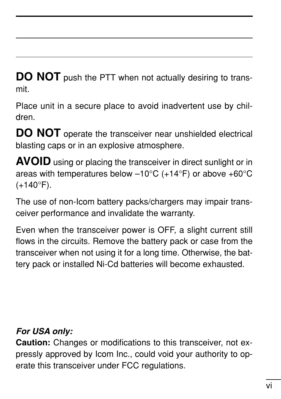 Do not, Avoid | Icom IC-V8 User Manual | Page 7 / 68