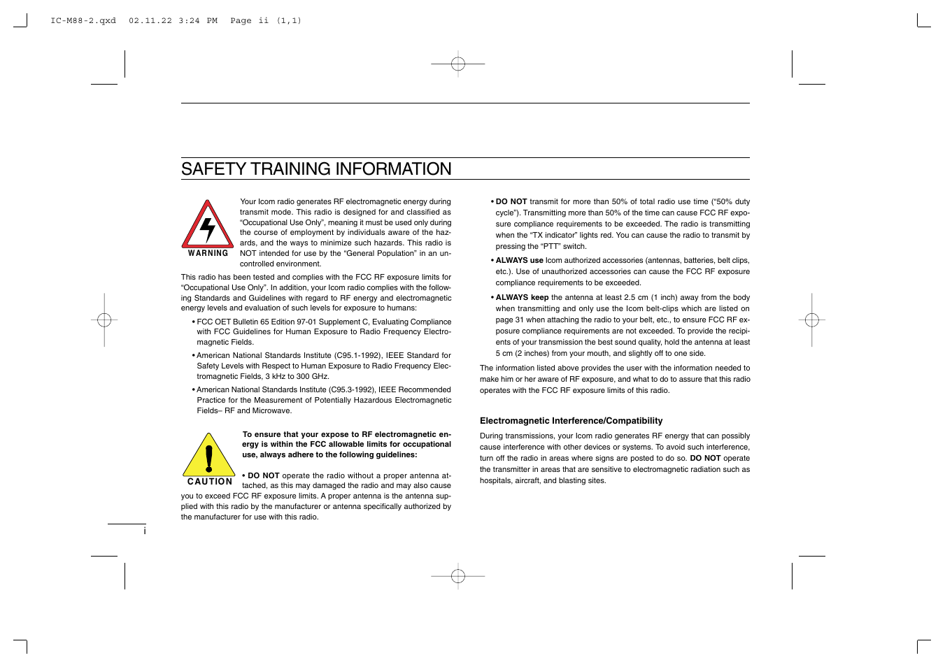 Safety training information | Icom IC-M88 User Manual | Page 2 / 40