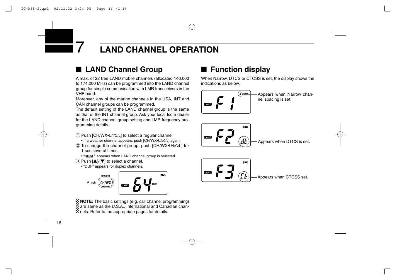 Land channel operation, Land channel group, Function display | Icom IC-M88 User Manual | Page 22 / 40