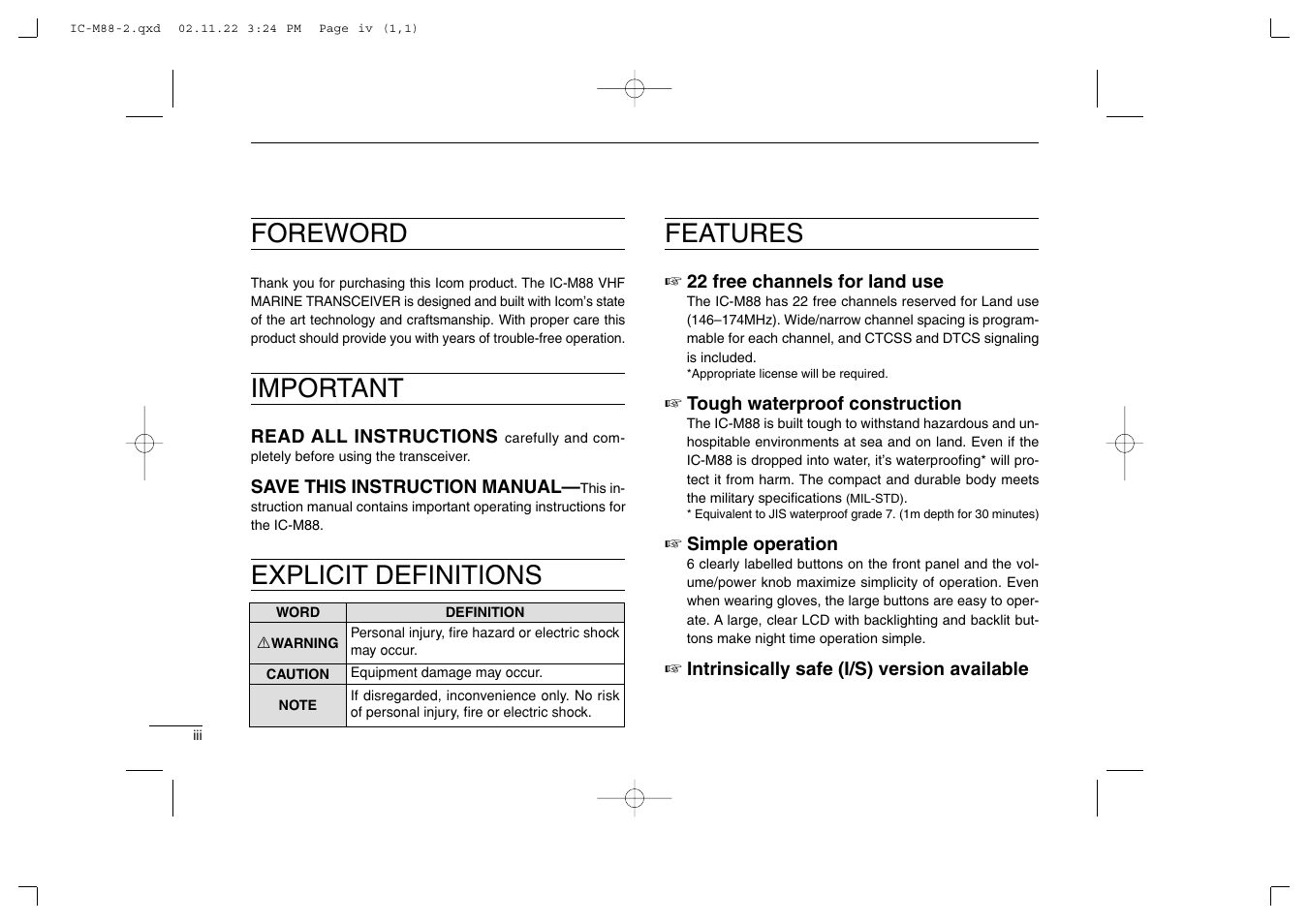 Foreword, Important, Explicit definitions features | Icom IC-M88 User Manual | Page 4 / 40