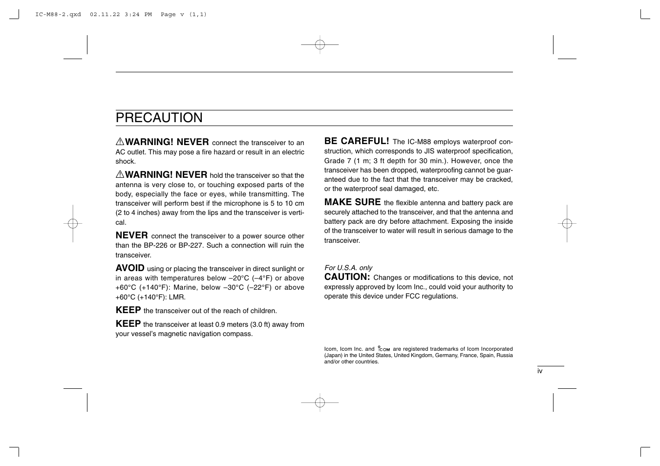 Precaution | Icom IC-M88 User Manual | Page 5 / 40