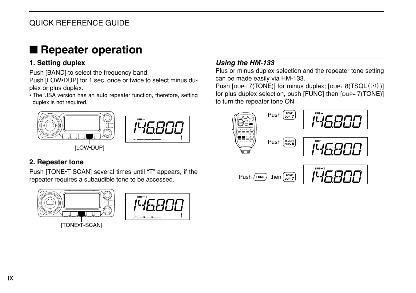 Repeater operation, Quick reference guide | Icom IC-208H User Manual | Page 14 / 96