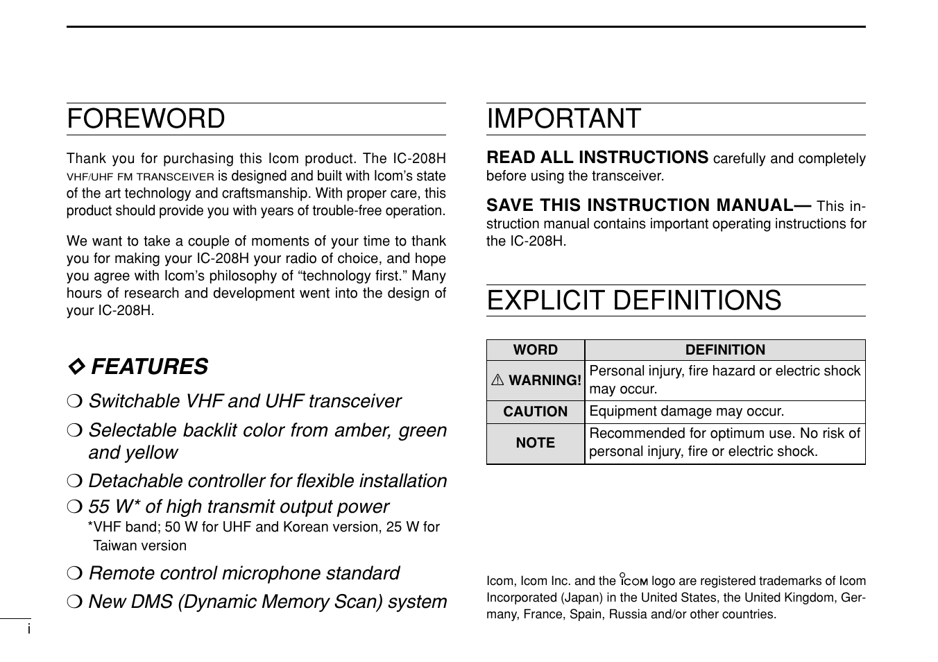 Foreword, Important, Explicit definitions | Dd features | Icom IC-208H User Manual | Page 2 / 96