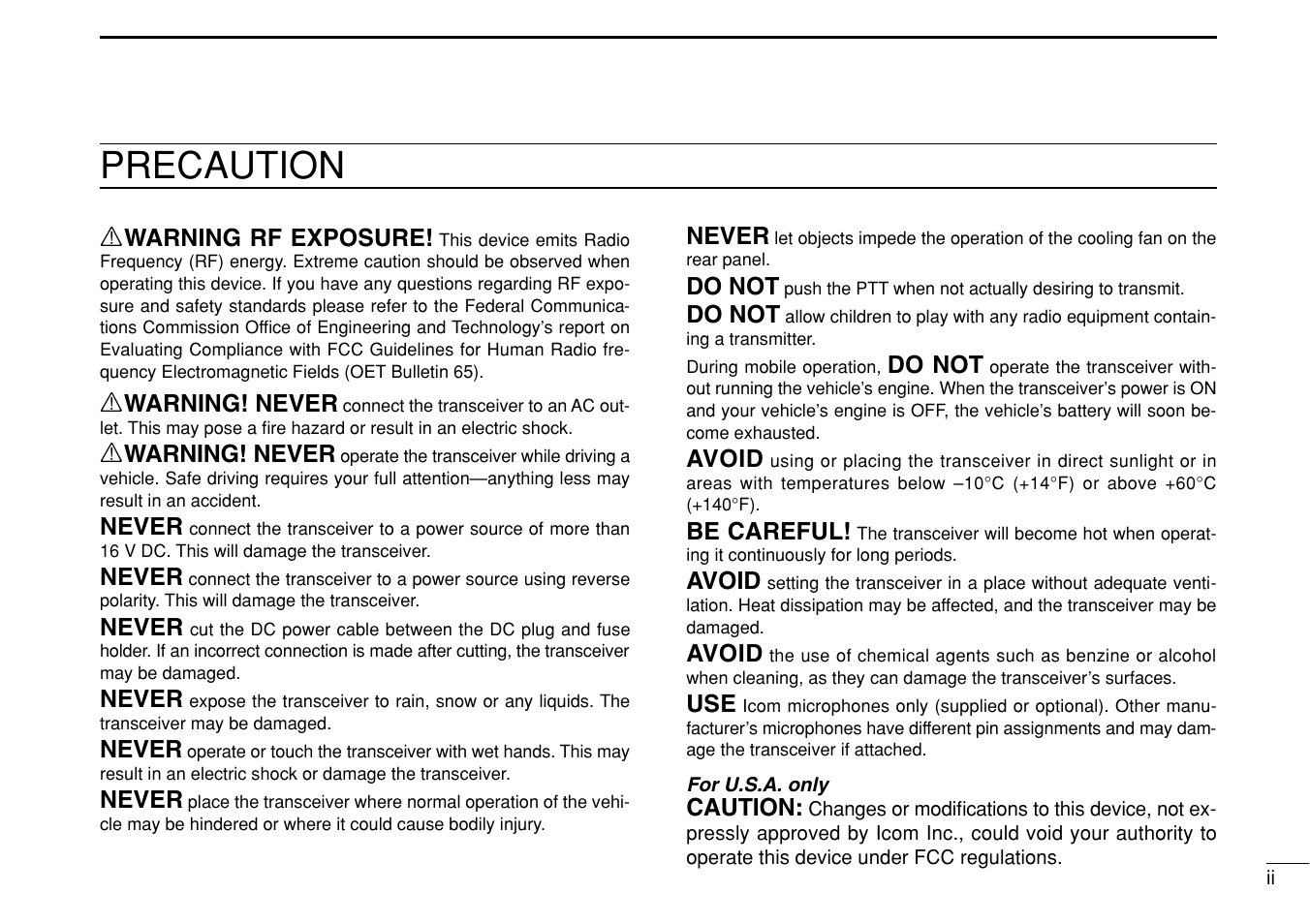 Precaution | Icom IC-208H User Manual | Page 3 / 96