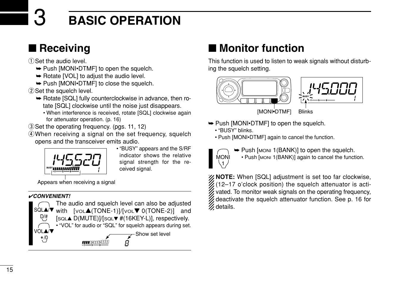 Basic operation, Receiving, Monitor function | Icom IC-208H User Manual | Page 30 / 96