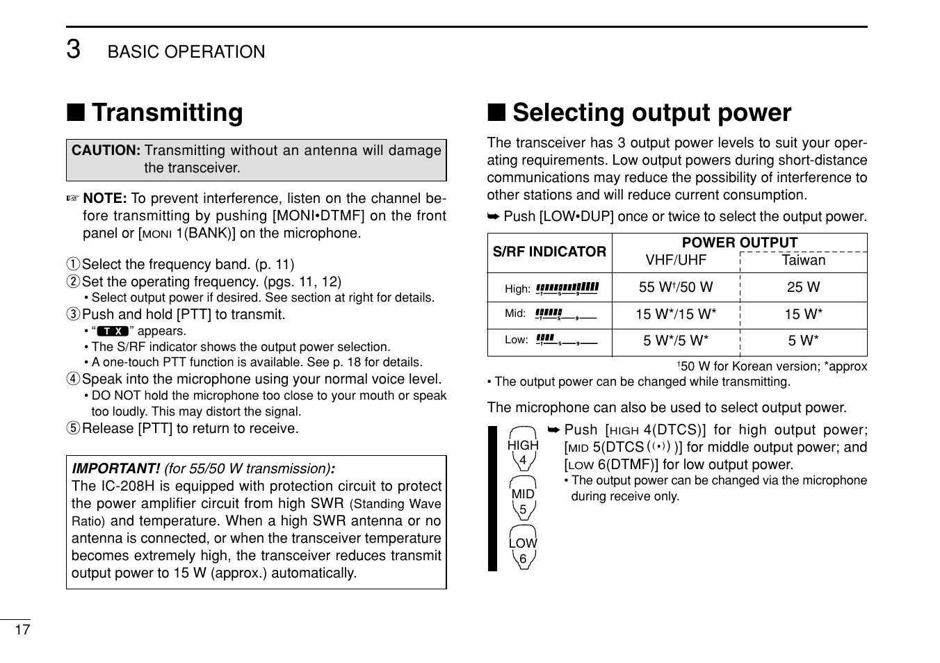 Transmitting, Selecting output power, Basic operation | Icom IC-208H User Manual | Page 32 / 96