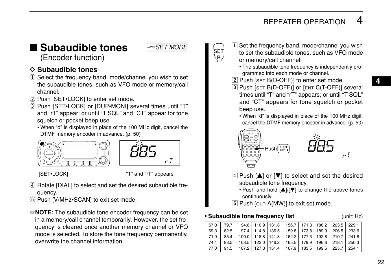 Subaudible tones, Encoder function), Repeater operation | D subaudible tones | Icom IC-208H User Manual | Page 37 / 96