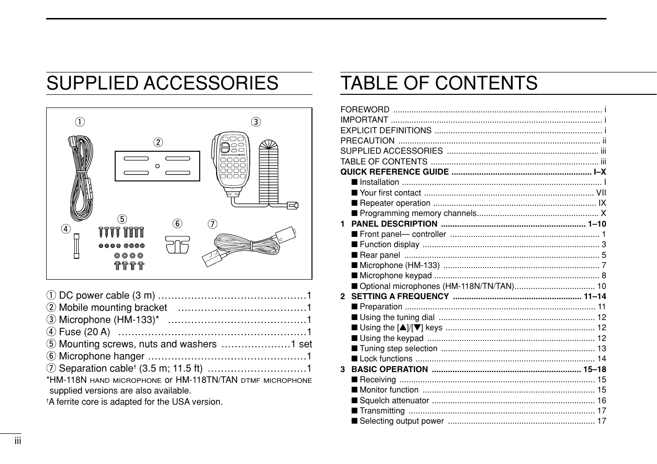 Table of contents supplied accessories | Icom IC-208H User Manual | Page 4 / 96