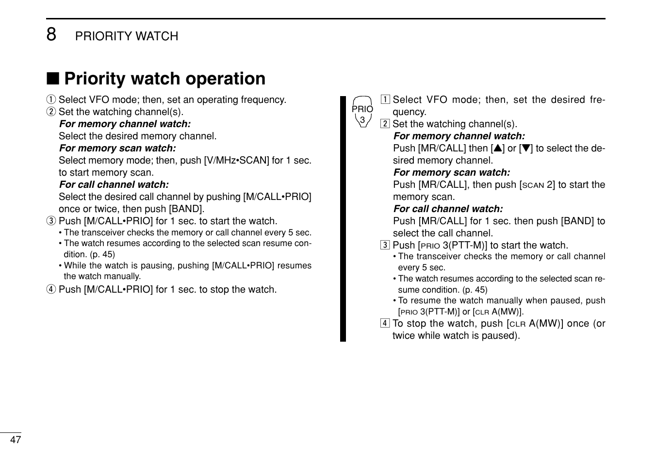 Priority watch operation, Priority watch | Icom IC-208H User Manual | Page 62 / 96