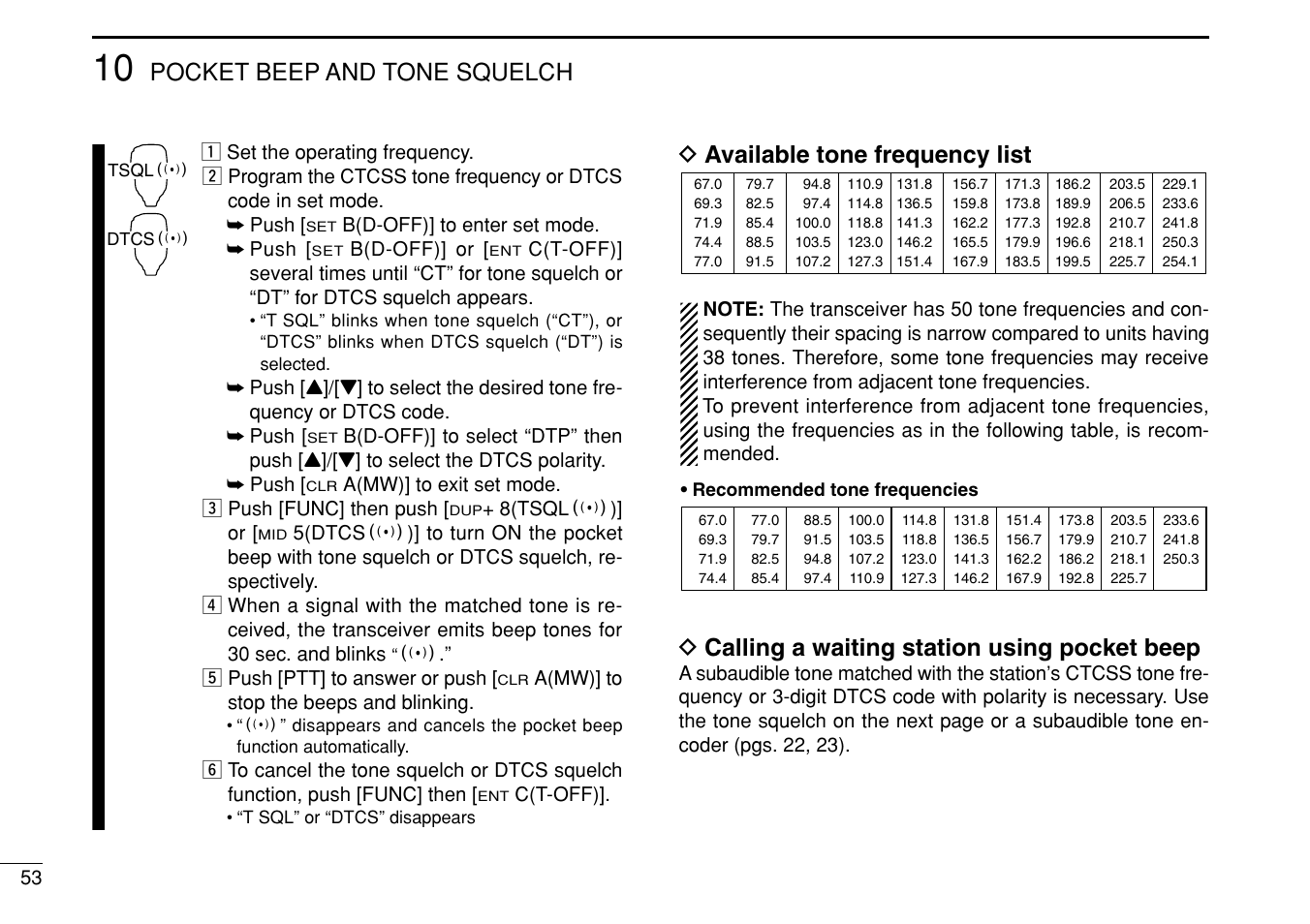 Pocket beep and tone squelch, D available tone frequency list, D calling a waiting station using pocket beep | Icom IC-208H User Manual | Page 68 / 96